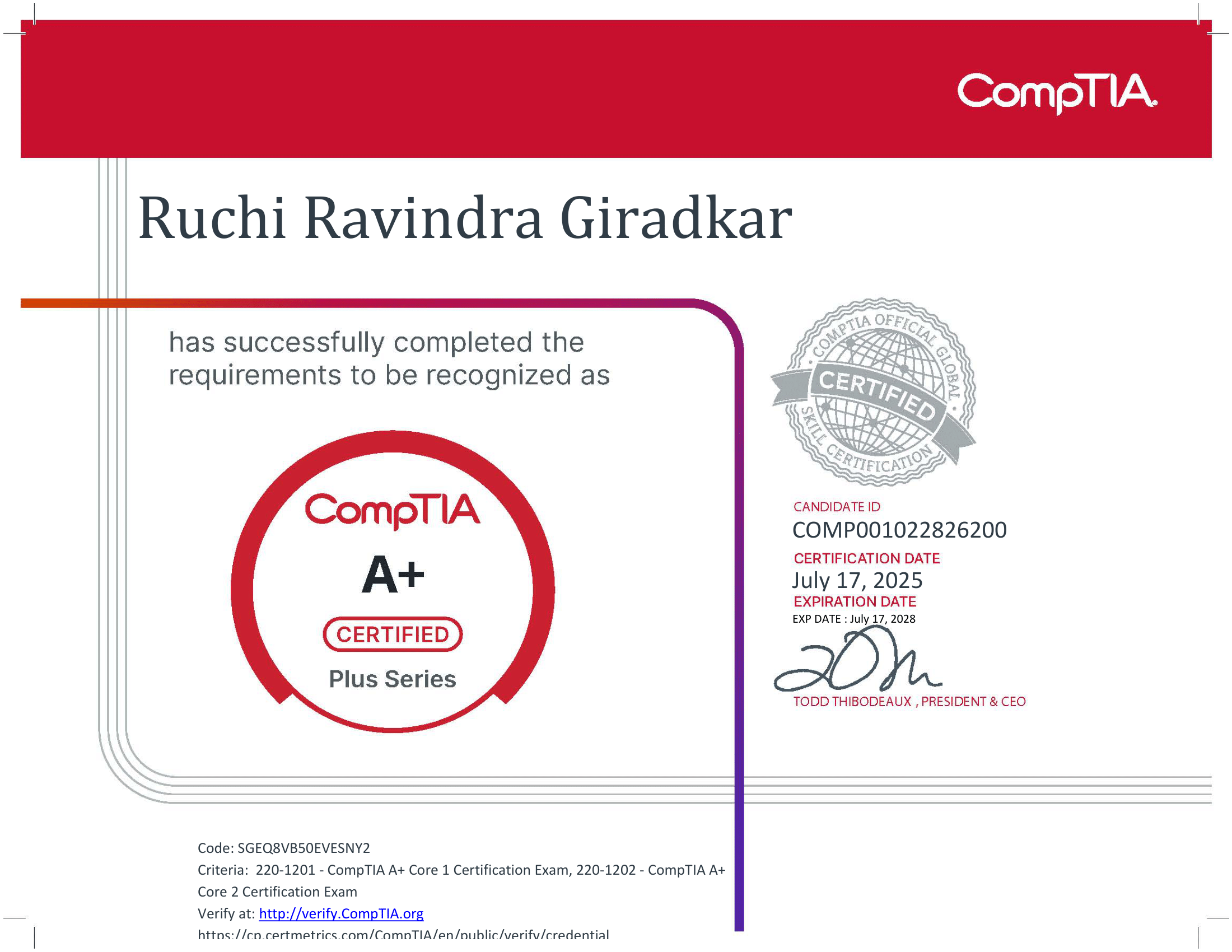 CompTIA A+ certificate