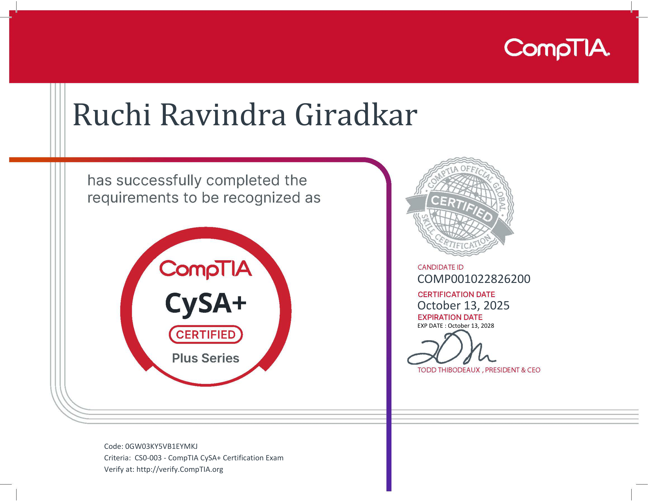 CompTIA CySA+ certificate