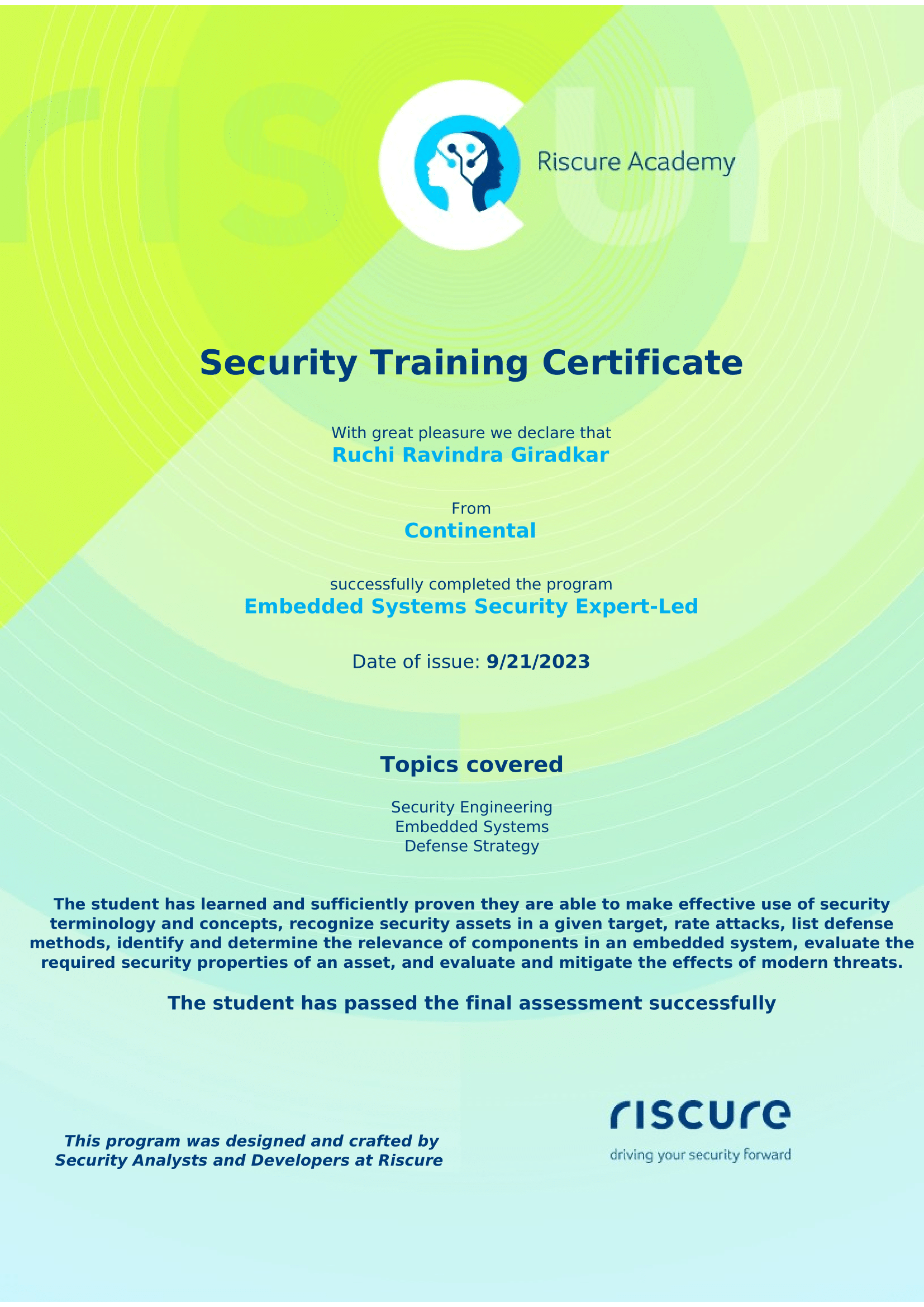 Riscure Academy Security Training Certificate