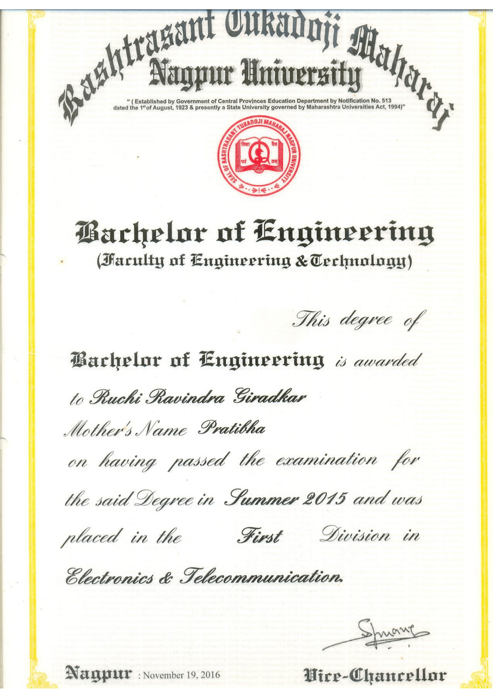 B.E. Degree Certificate (Nagpur University)